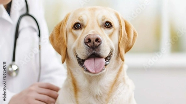 Fototapeta A friendly Labrador retriever is being examined by a veterinarian in a bright, clean clinic, showcasing the bond between pets and their caregivers.