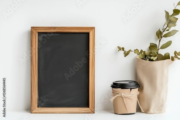 Fototapeta Kaffeetafel mit dekorativer Kreidetafel und Pflanzen

