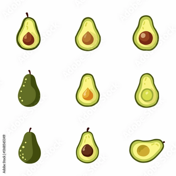Fototapeta Set avocado vector, Set of fresh whole and half avocado isolated on white background. Organic food. Cartoon style. Vector illustration for design.