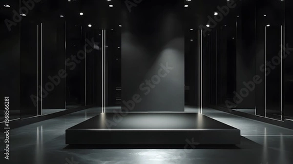 Fototapeta A sleek black podium with a glossy surface and clean lines, lit by subtle spotlights in a high-end, modern retail space.