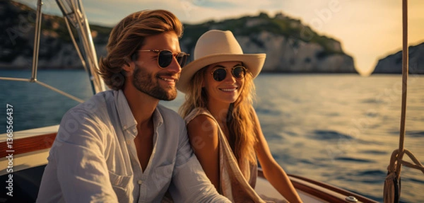 Fototapeta couple enjoying romantic sailing experience on boat, surrounded by stunning coastal scenery at sunset. Their smiles joy and adventure