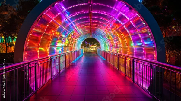 Obraz A vibrant pedestrian tunnel glows with multicolored LED lights, creating a dazzling rainbow passage through the night.