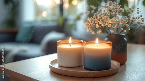 Fototapeta Burning scented candles creating cozy atmosphere in modern living room