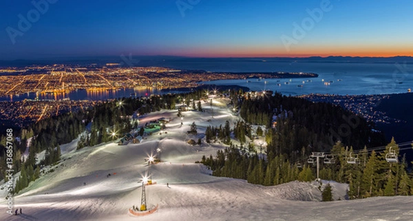 Obraz Grouse Mountain ski resort with a beautiful view of Vancouver city, British Columbia, at dusk