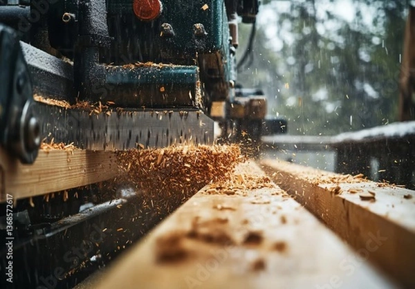 Fototapeta Lumber processing machine in action, wood shavings flying, snowy forest background. Potential use Industrial stock photography