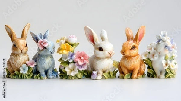 Obraz Ceramic Easter Bunny Figurines in Garden Setting