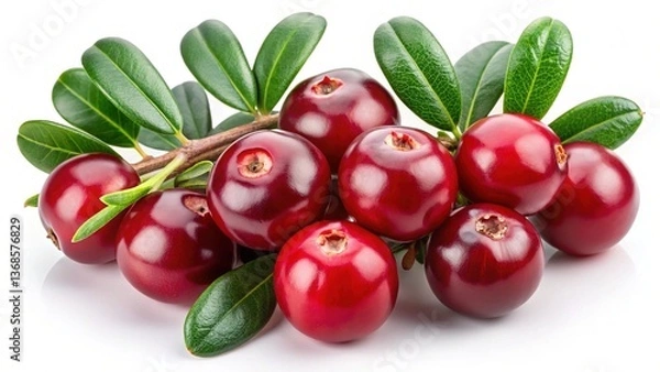 Fototapeta A Cluster of Fresh Red Cranberries on the Branch with Green Leaves
