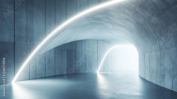 Obraz Abstract curved concrete tunnel with glowing neon lines, showcasing a modern architectural design ideal for product displays or futuristic presentations, offering blank space for text or logos