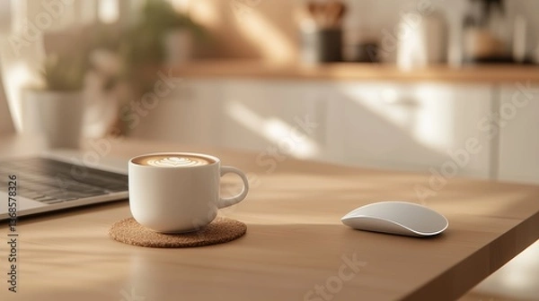 Fototapeta Coffee cup on a cozy desk beside a laptop with warm sunlight streaming through a window in a modern kitchen