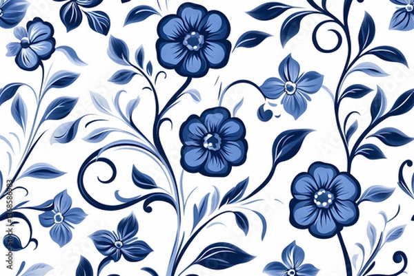 Fototapeta Seamless blue floral pattern with swirling vines and various-sized flowers on white background