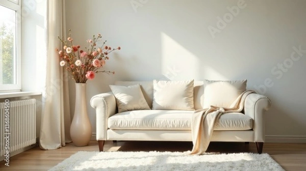 Obraz Cream-colored sofa with plush cushions, a soft throw blanket, and a tall vase of delicate peach-colored flowers sits in a sunlit room near a window and a radiator.