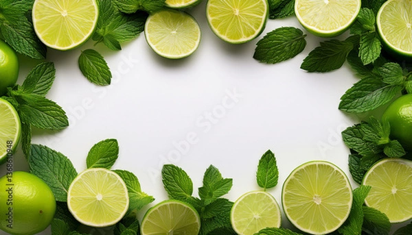 Fototapeta Green lime and mint mockup, summer theme border, with free space for text. White plane background, fruit and leaves around the frame.