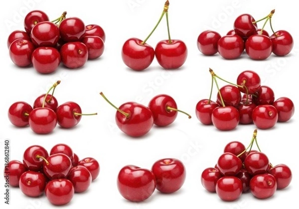 Fototapeta Nine different arrangements of shiny red cherries with green stems on a white background