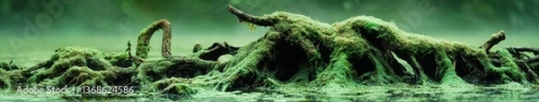 Fototapeta Moss-covered roots emerge from calm water