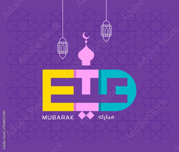 Obraz Eid mubarak English and Arabic Typography. Arabic Pattern. Purple background