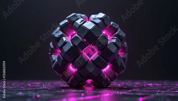 Fototapeta 3d rendering of black cubes with purple neon lights on black background. Futuristic abstract digital art composition. Glowing shapes create a modern design for tech, science, innovation visuals.