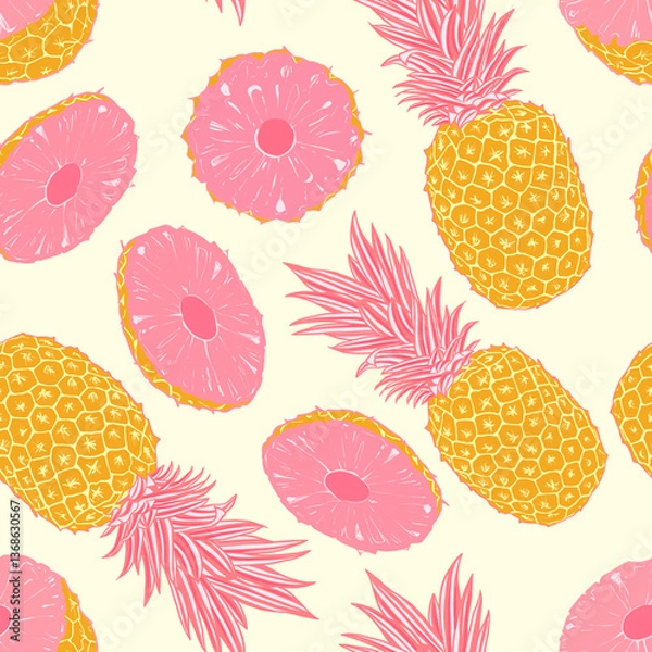 Obraz Pink Pineapple seamless pattern with tropical leaves and fruit 
