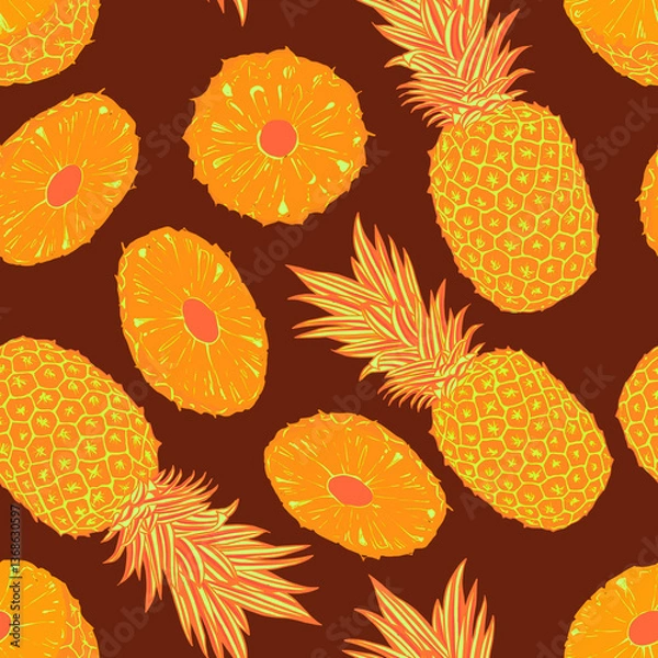 Obraz Pineapple seamless pattern with tropical leaves and fruit 