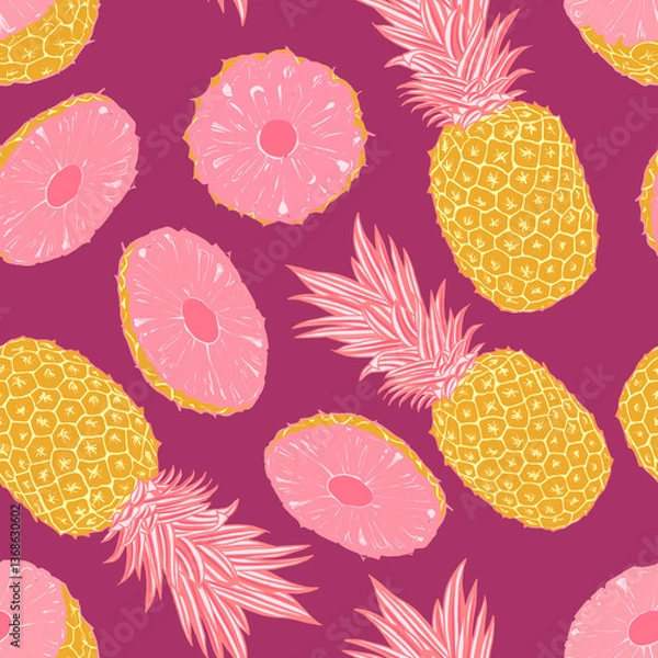 Obraz Pink Pineapple seamless pattern with tropical leaves and fruit 