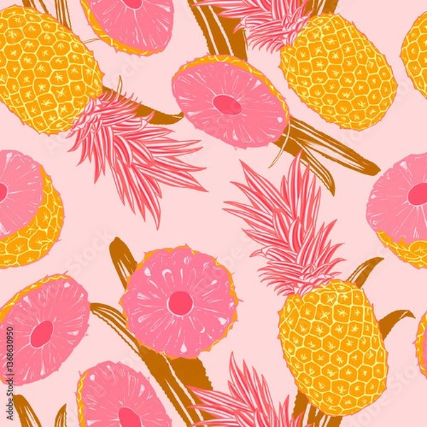 Obraz Pink Pineapple seamless pattern with tropical leaves and fruit 