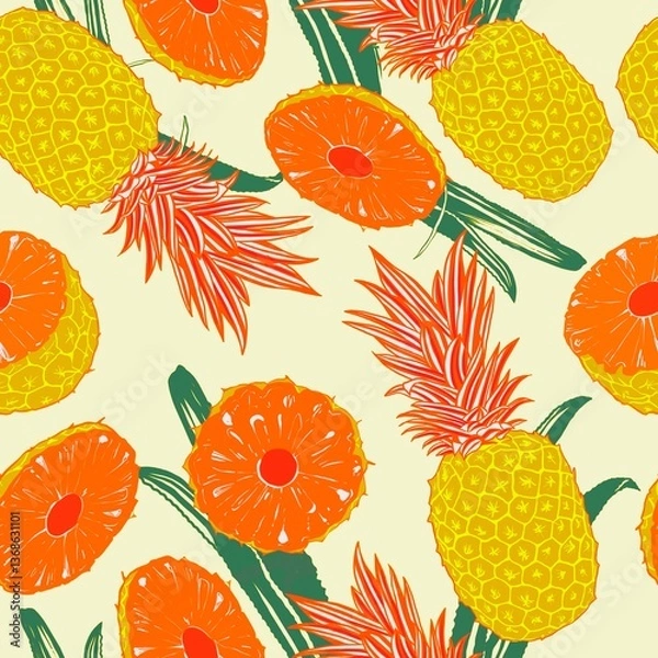 Obraz Pineapple seamless pattern with tropical leaves and fruit 