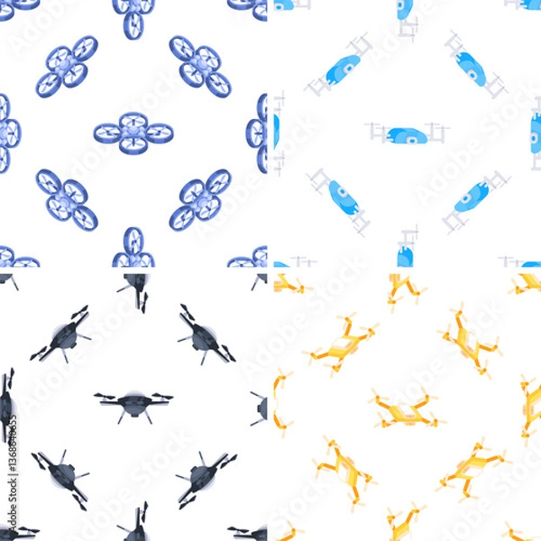 Fototapeta Seamless patterns with isometric drones flying and delivering packages