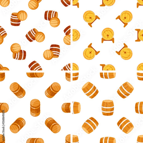 Fototapeta Seamless pattern with wooden barrels lying, standing and cut in half, viewed from different angles