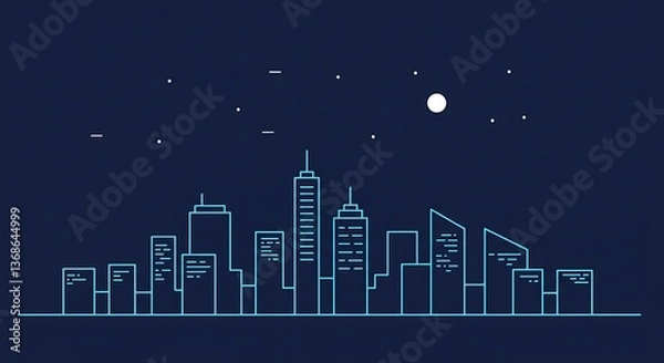 Obraz Cityscape Outline at Night with Moon and Stars Minimal Design