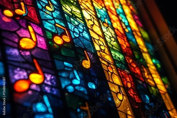 Fototapeta Music notes forming the pattern of a beautiful stained-glass window, merging melody with colorful light