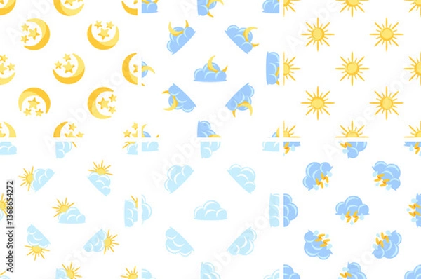 Fototapeta Seamless patterns representing day, night, clouds, sun and thunder
