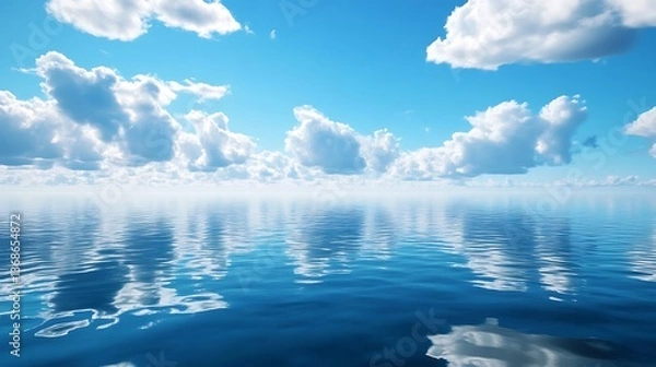 Fototapeta Calm ocean surface reflecting a cloud-filled sky