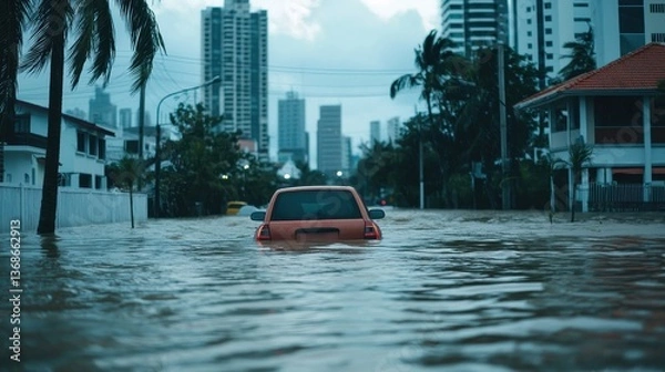 Fototapeta A submerged car in a flooded urban area, showcasing severe weather impact with high-rise buildings in the background.