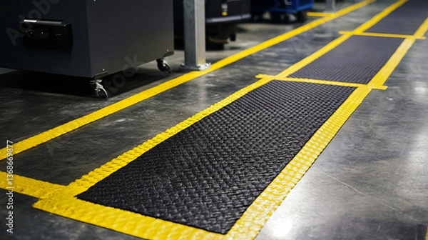 Obraz A clean factory floor features black anti-fatigue mats bordered by bright yellow safety lines for designated walking or standing zones.