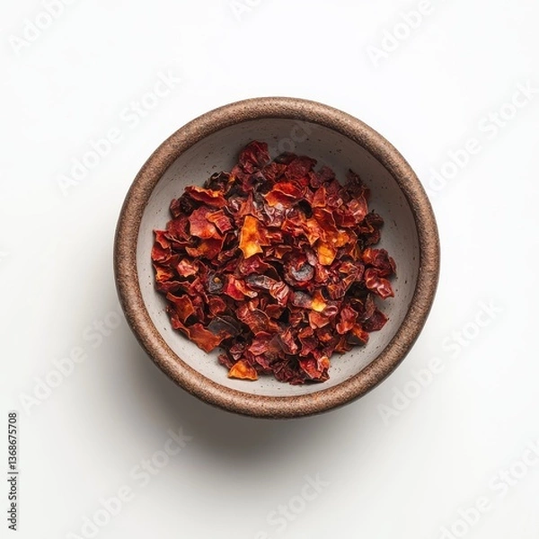 Obraz Bowl of Vibrant Red Pepper Flakes for Culinary Use as Seasoning or Spice Ingredient on Neutral Surface
