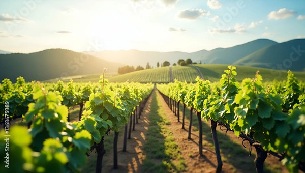 Fototapeta Top View of a Vineyard with Automated Pruning: A Double Exposure Concept Showcasing Smart Vineyard Management and Efficient Vine Care with Copy Space