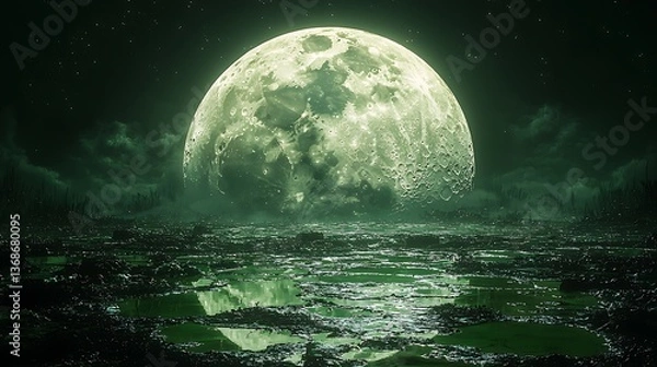 Fototapeta Giant green moon above toxic swamp high resolution picture