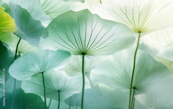 Fototapeta Abstract Lotus Leaf Canopy with Delicate Veins and Soft Green Tones