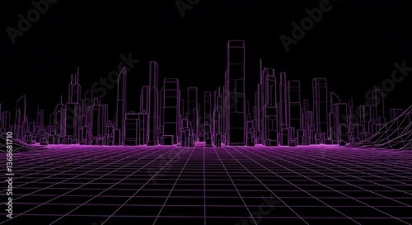 Obraz Cityscape Wireframe Illustration Glowing with Retro Purple Light and Perspective