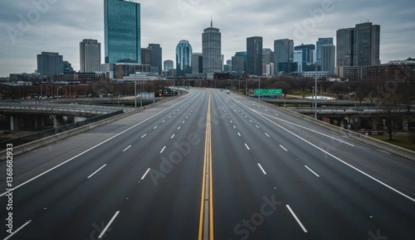 Obraz Empty highway leads to Dallas skyline in overcast weather. Symbolizes urban life, travel, and social distancing.