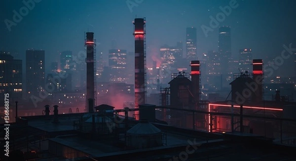 Obraz Cityscape at Night with Industrial Chimneys and Glowing Red Lights