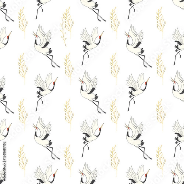 Fototapeta Japanese seamless pattern of birds and water. Traditional vintage fabric print. White and blue indigo background. Kimono design. Monochrome vector illustration.