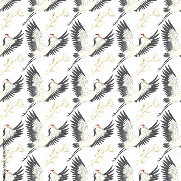 Obraz Japanese seamless pattern of birds and water. Traditional vintage fabric print. White and blue indigo background. Kimono design. Monochrome vector illustration.