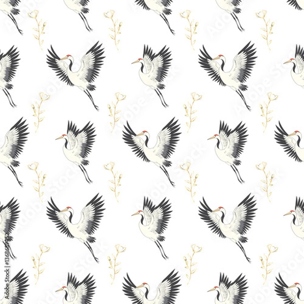 Obraz Japanese seamless pattern of birds and water. Traditional vintage fabric print. White and blue indigo background. Kimono design. Monochrome vector illustration.