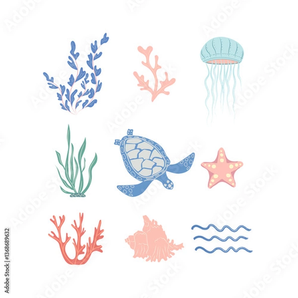 Obraz A summer set with marine animals and plants for prints, posters, covers, backgrounds. Hand-drawn sea turtle, jellyfish, algae, corals, seashell, starfish, waves. Vector illustration. Isolated.