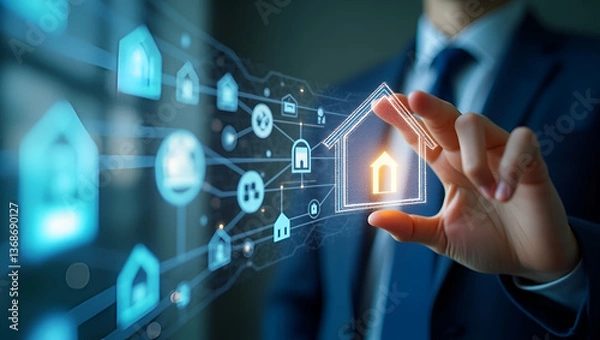 Fototapeta Photo Realistic Double Exposure of a Person with Smart Home Security Symbols: Integrated Home Security Solutions Concept with Copy Space for Text