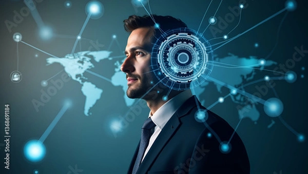 Fototapeta Photo Realistic Overhead View of a Tech Leader: Double Exposure with Gears and Network Symbols Representing Connectivity Leadership - Ideal for Stock Photography with Copy Space