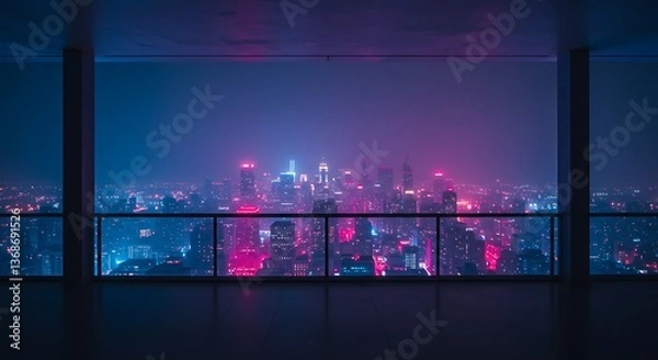 Obraz City Skyline View at Night From High Rise Balcony with Lights