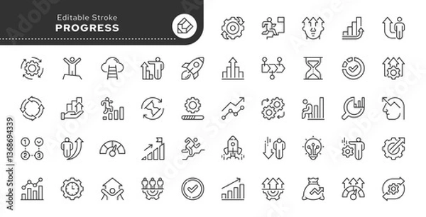 Fototapeta Progress line icon set. Growth, efficiency, moving forward, success, development, increasing the level of organization, productivity and more. Outline vector icon. Pictogram collection	