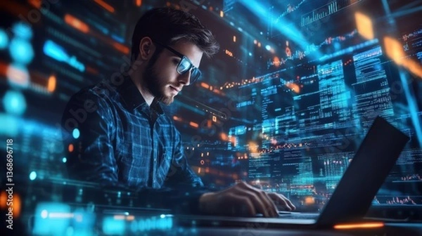 Fototapeta Cybersecurity Expert Coding, Digital Data Stream, Programmer at Work, Futuristic Technology Illustration
