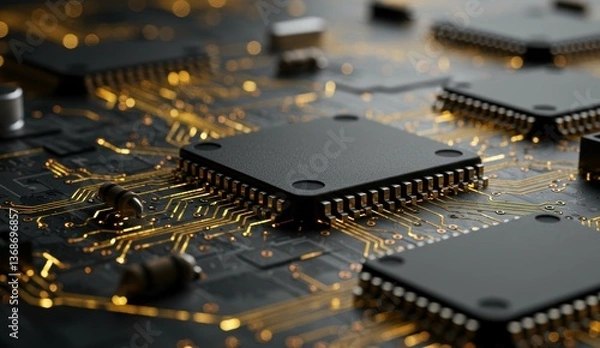 Fototapeta Close-up of computer chips and circuit boards highlighting modern technology and innovation.